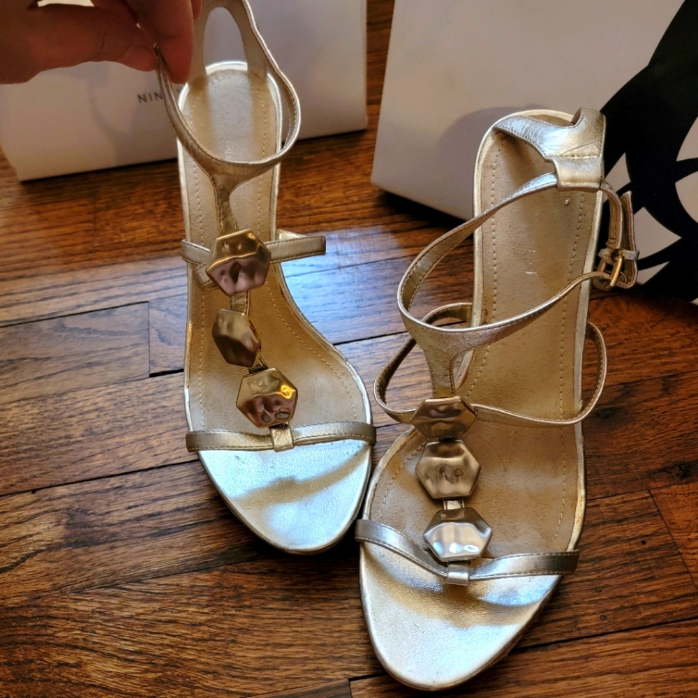 Nine West Keysorr silver T-strap stilettos with metal detailing